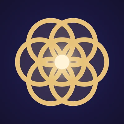 Seed bloom: seven gold circles around a centre light on indigo
