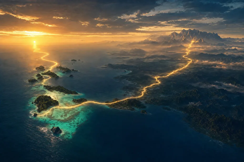 Vibrate with Creation artwork: golden light tracing a path through an island sea beneath a luminous sky